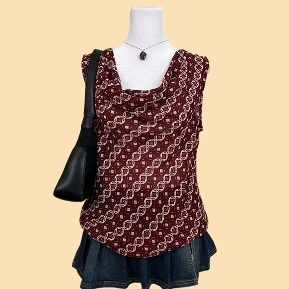 y2k red boho quirky downtown it girl semi sheer cowl neck top - Picture 1 of 8